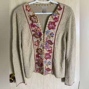 Vintage Sigrid Olsen Embroidered Bohemian Knit Silk Blend Sweater Cardigan Sz L